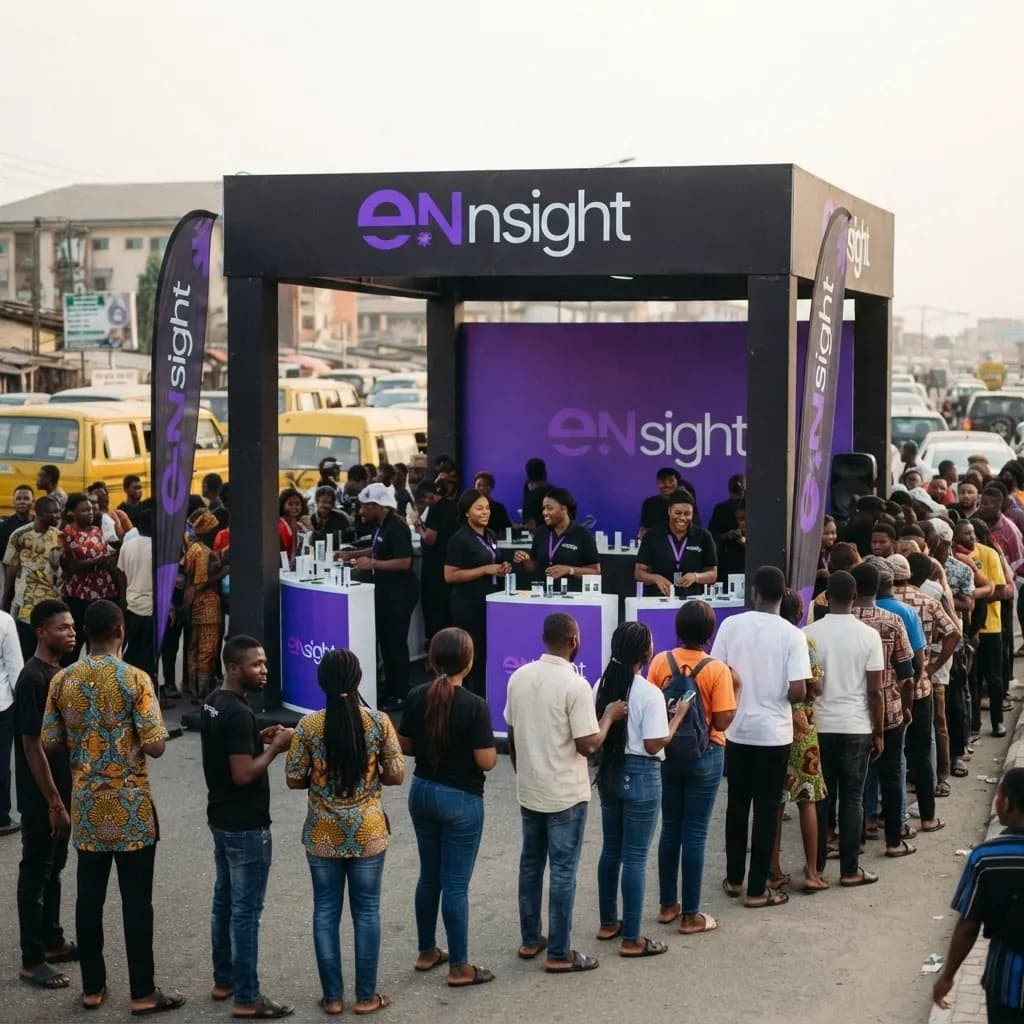 A crowd gathered at an eNsight-branded street activation