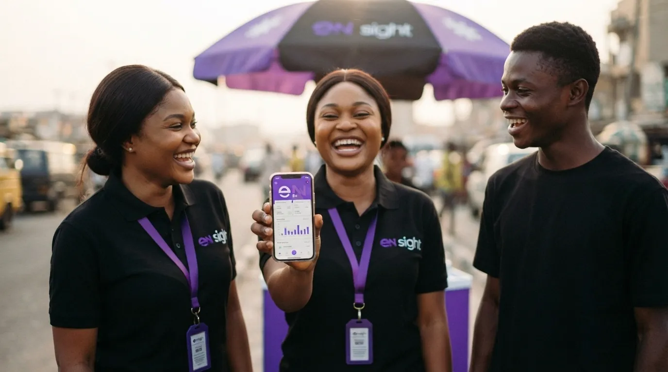 Two field agents and a teammate sharing the eNsight app on a phone